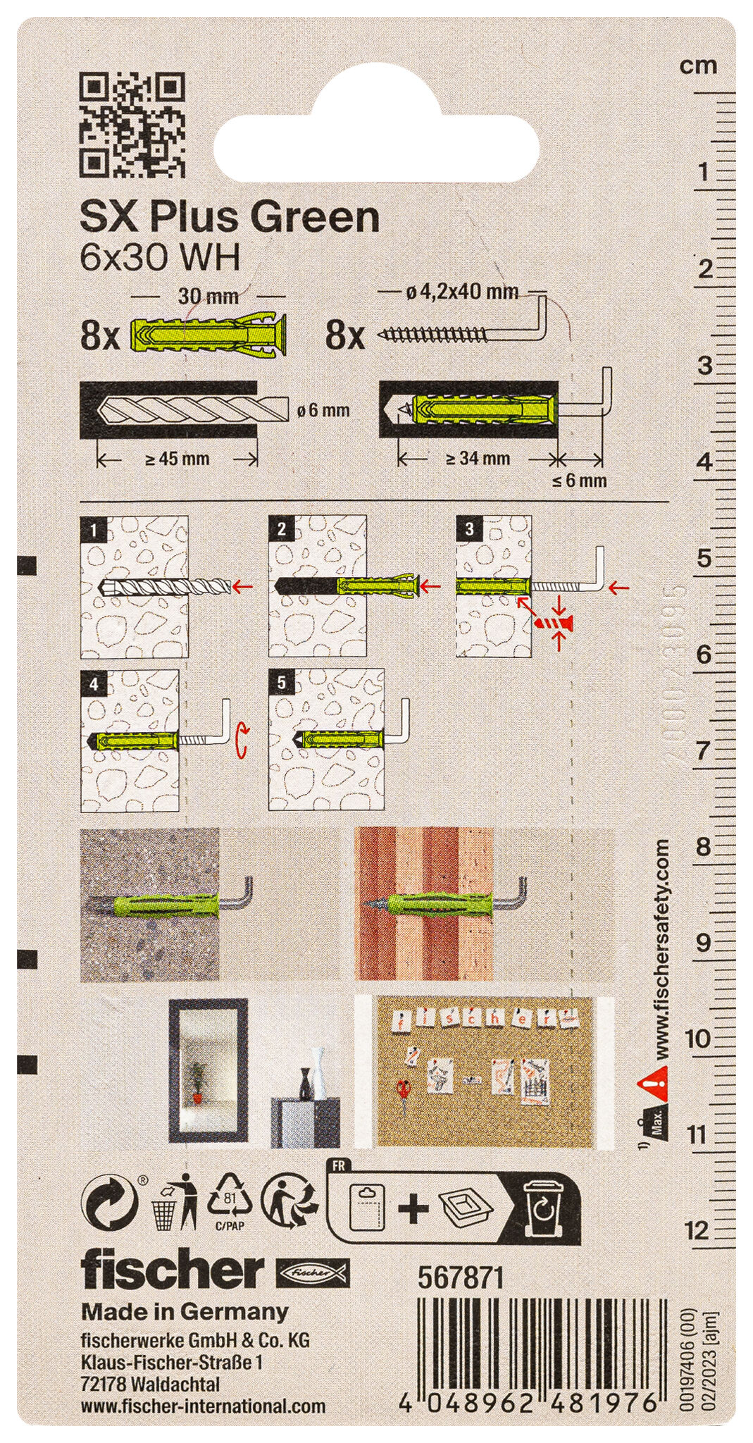 Verpackung: "fischer Spreizdübel SX Plus Green 6 x 30 WH mit Winkelhaken"