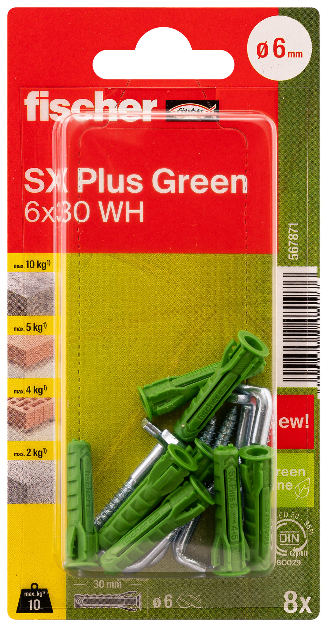 Verpackung: "fischer Spreizdübel SX Plus Green 6 x 30 WH mit Winkelhaken"