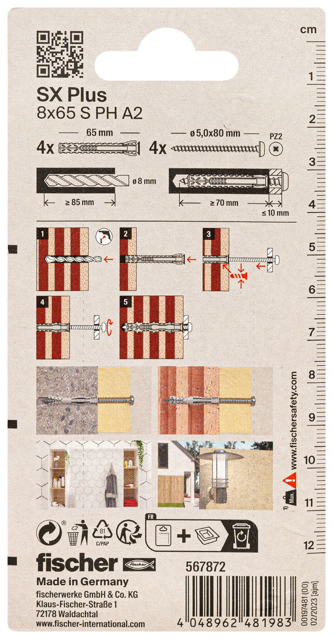 Verpackung: "fischer Spreizdübel SX Plus 8 x 65 S mit Panheadschraube nicht rostender Stahl A2"