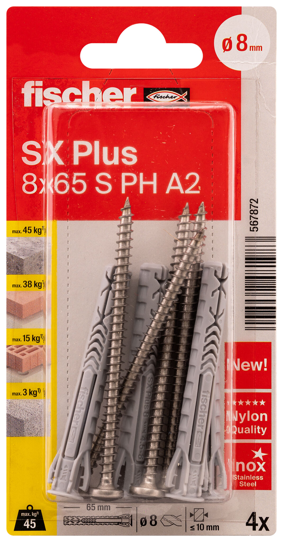 Verpackung: "fischer Spreizdübel SX Plus 8 x 65 S mit Panheadschraube nicht rostender Stahl A2"