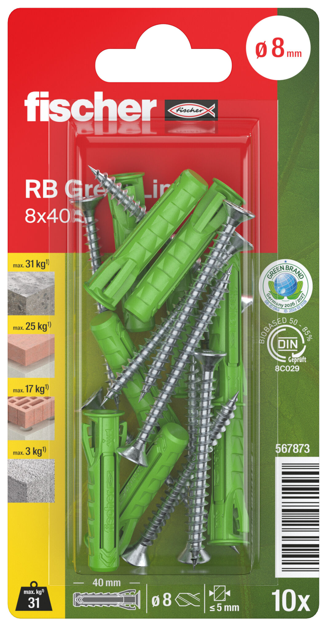 Verpackung: "fischer Regalbefestigung RB GreenLine S 8 x 40 mit Schraube"