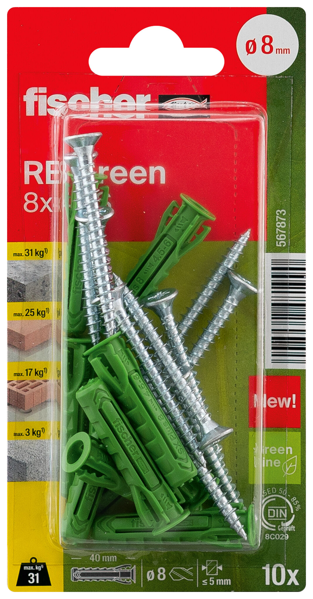 Verpackung: "fischer Regalbefestigung RB Green S 8 x 40 mit Schraube"