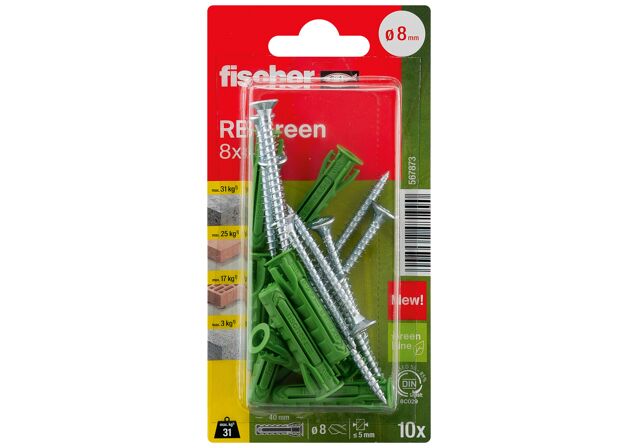 Verpackung: "fischer Regalbefestigung RB Green S 8 x 40 mit Schraube"