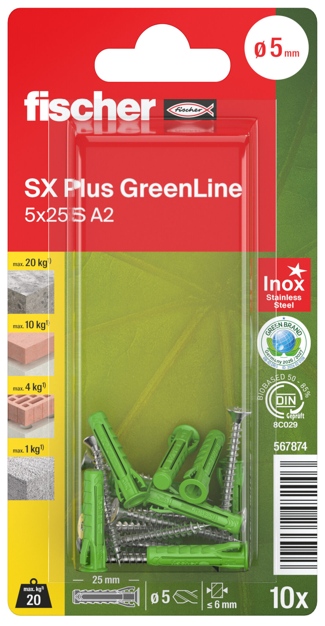 Packaging: "fischer expansion plug SX Plus GreenLine 5 x 25 S with stainless steel screw A2"