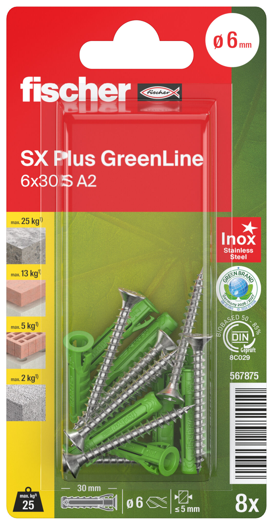 Packaging: "fischer expansion plug SX Plus GreenLine 6 x 30 S with stainless steel screw A2"