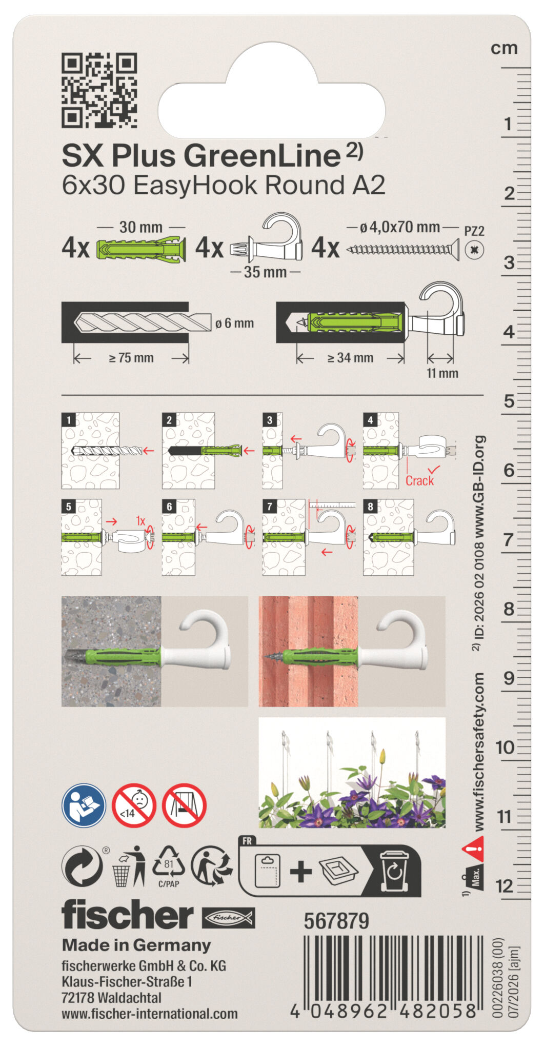 Packaging: "fischer EasyHook félkör kampó + SX Plus GreenLine 6x30 A2 K"