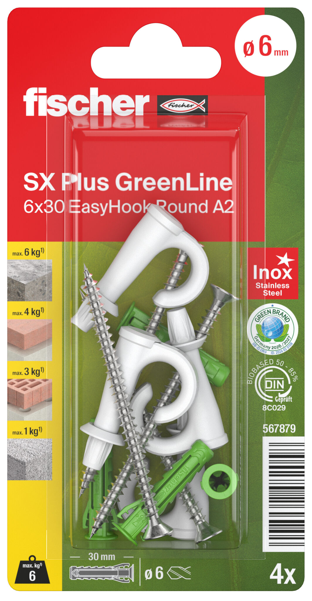 Packaging: "fischer EasyHook félkör kampó + SX Plus GreenLine 6x30 A2 K"