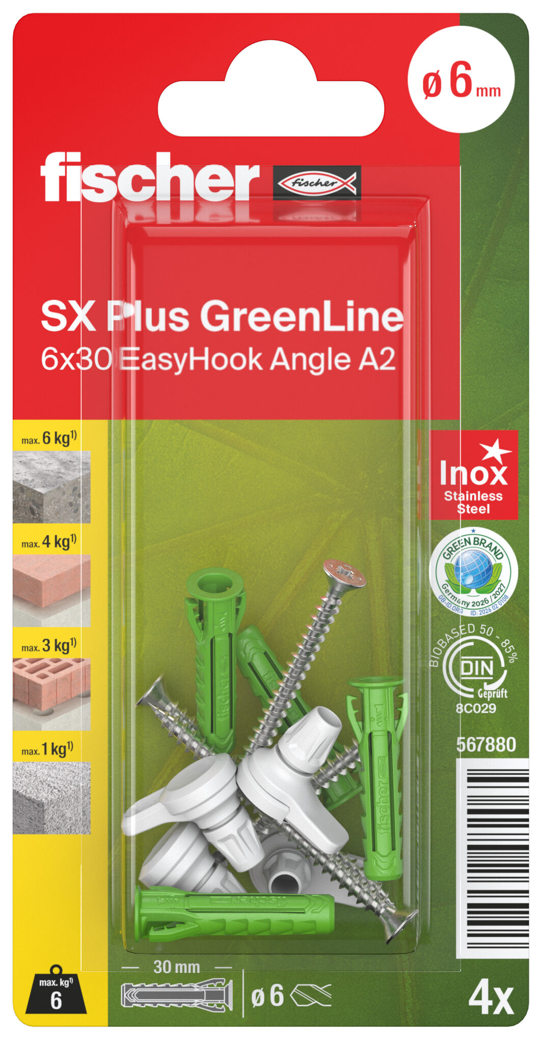 Packaging: "fischer EasyHook kampó + SX Plus GreenLine 6x30 A2 K"