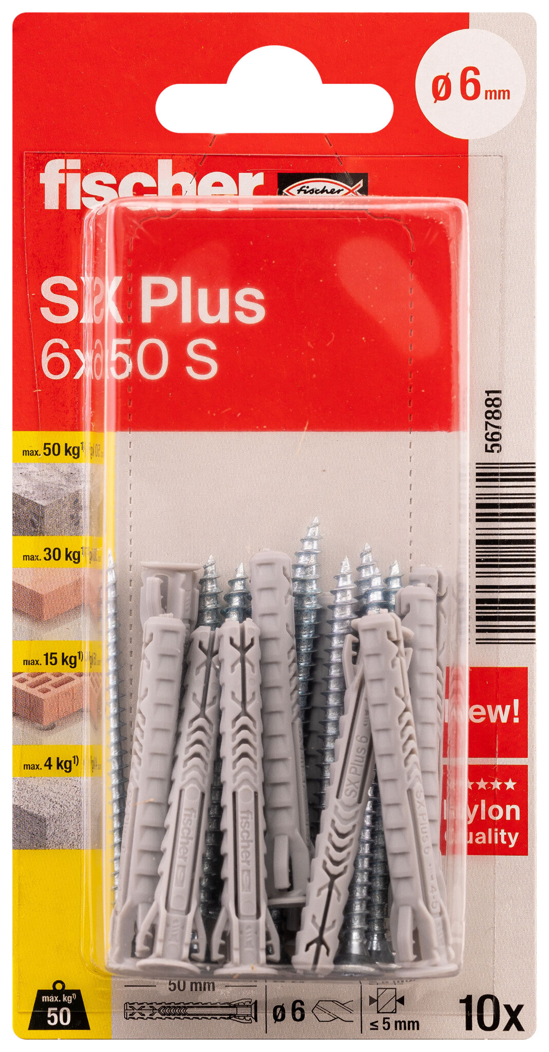 Packaging: "fischer Expansion plug SX Plus 6 x 50 S with screw"