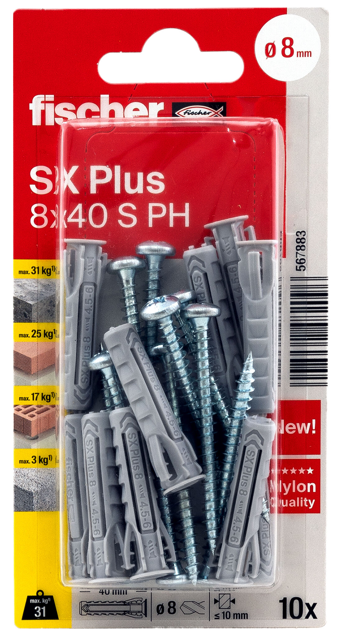 Packaging: "fischer Expansion plug SX Plus 8 x 40 S PH with pan head screw"