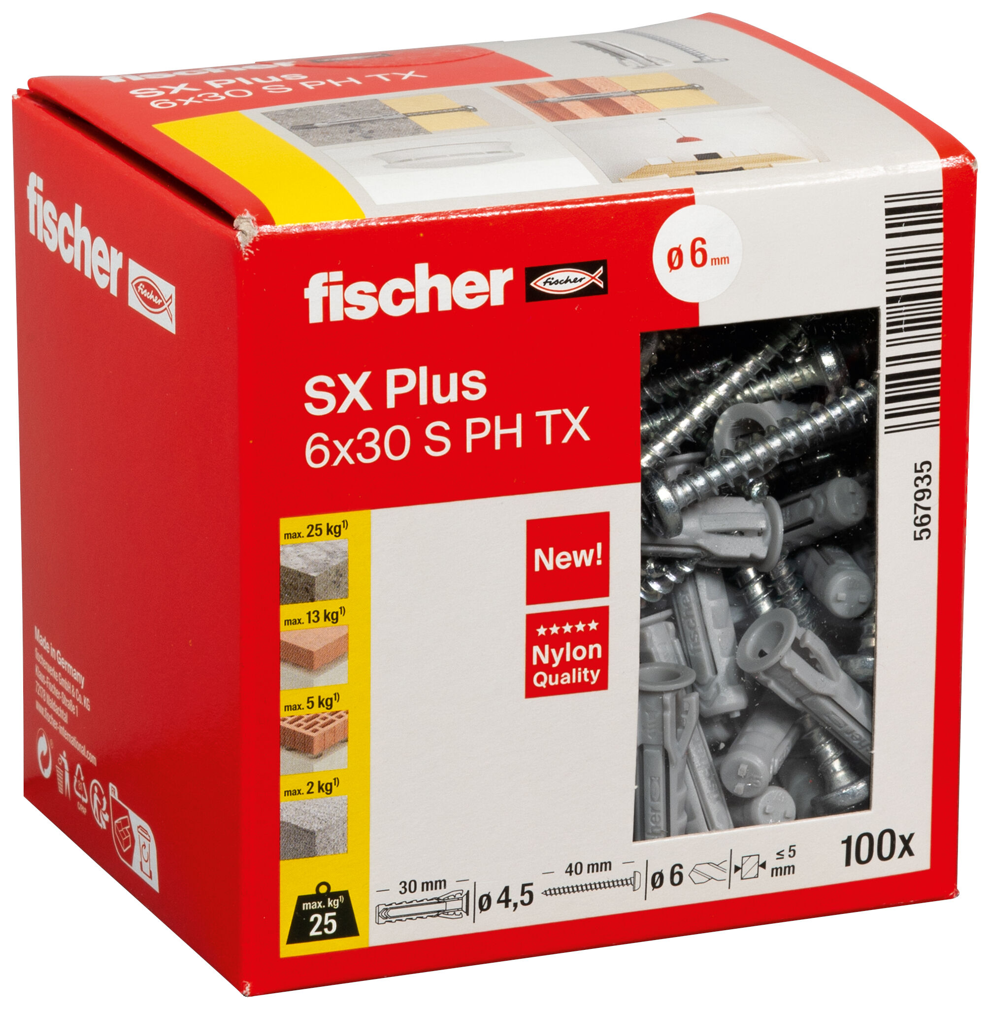 Packaging: "fischer Expansion plug SX Plus 6 x 30 S PH TX with pan head screw"