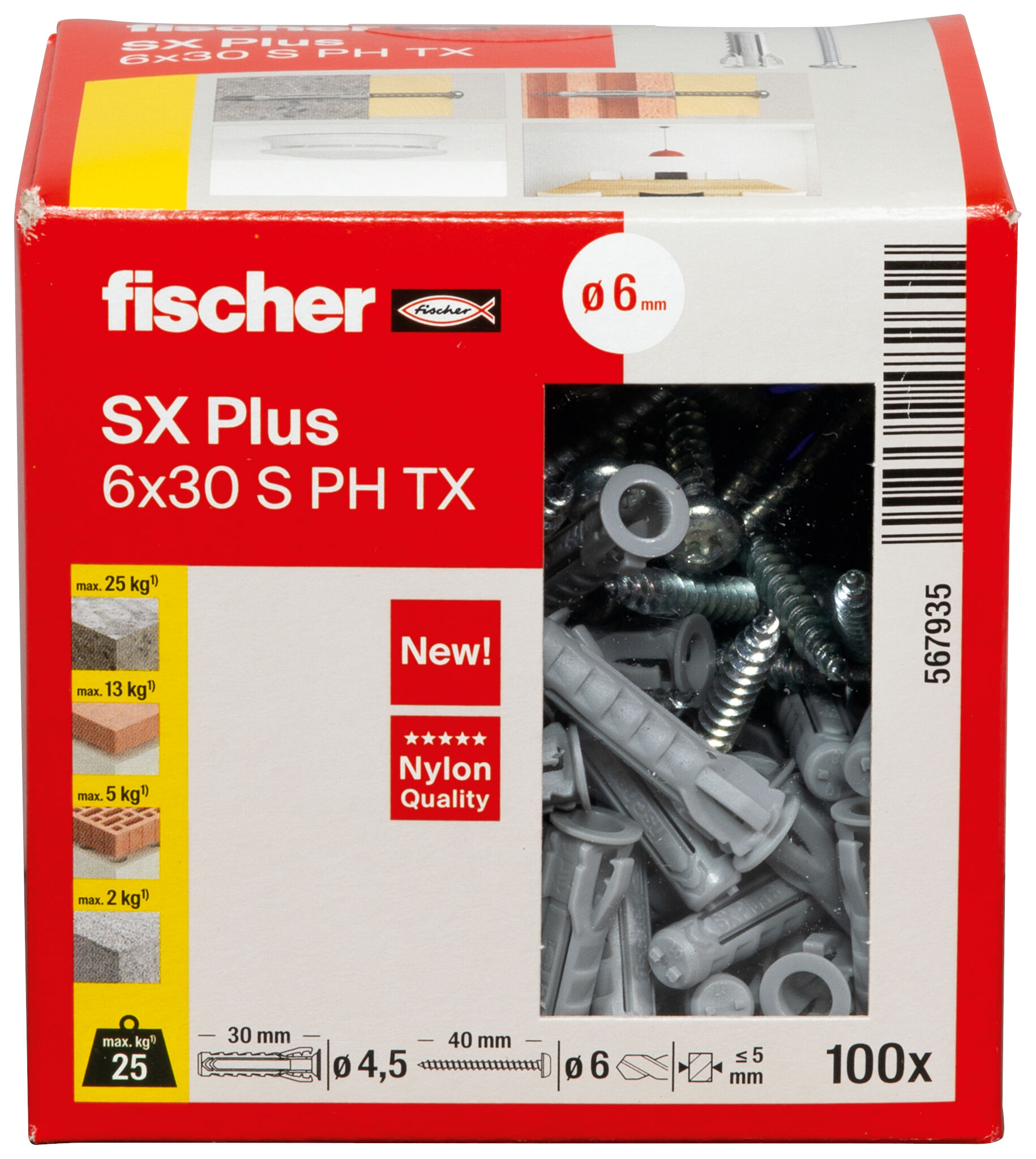 Packaging: "fischer Expansion plug SX Plus 6 x 30 S PH TX with pan head screw"