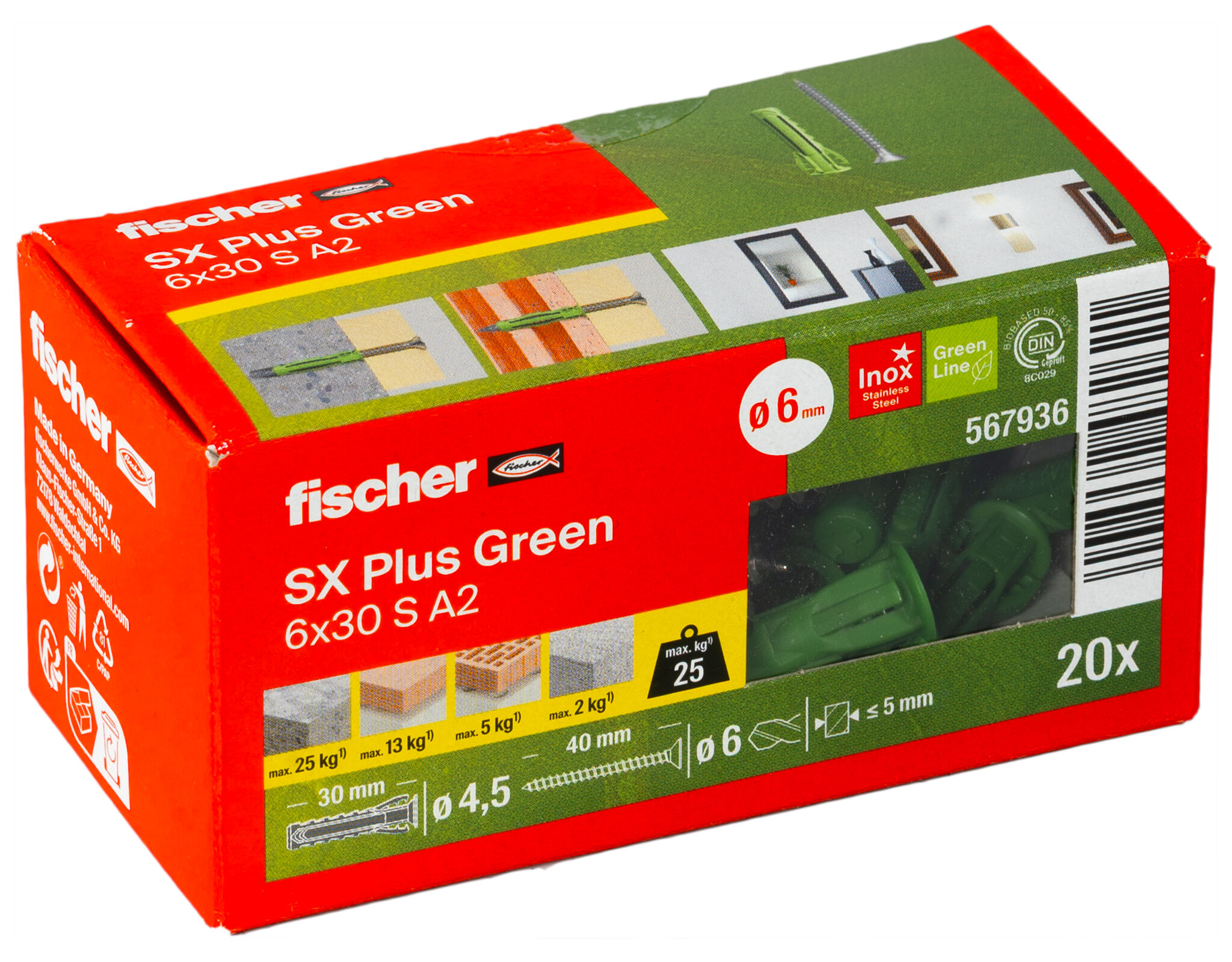 Verpackung: "fischer Spreizdübel SX Plus Green 6 x 30 S mit Edelstahlschraube A2"