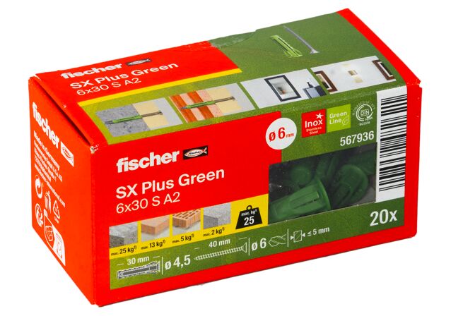 Verpackung: "fischer Spreizdübel SX Plus Green 6 x 30 S mit Edelstahlschraube A2"