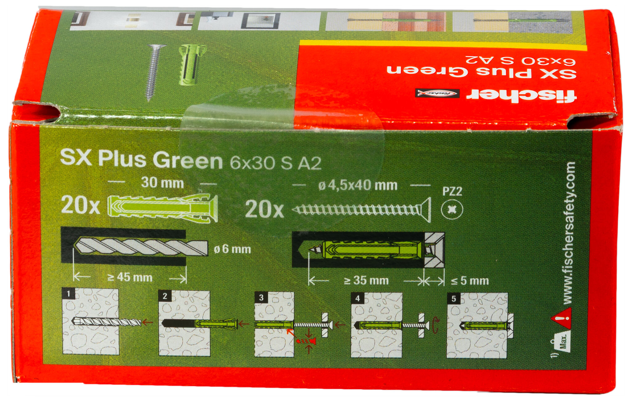 Verpackung: "fischer Spreizdübel SX Plus Green 6 x 30 S mit Edelstahlschraube A2"