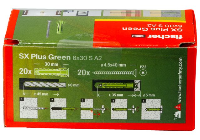 Verpackung: "fischer Spreizdübel SX Plus Green 6 x 30 S mit Edelstahlschraube A2"