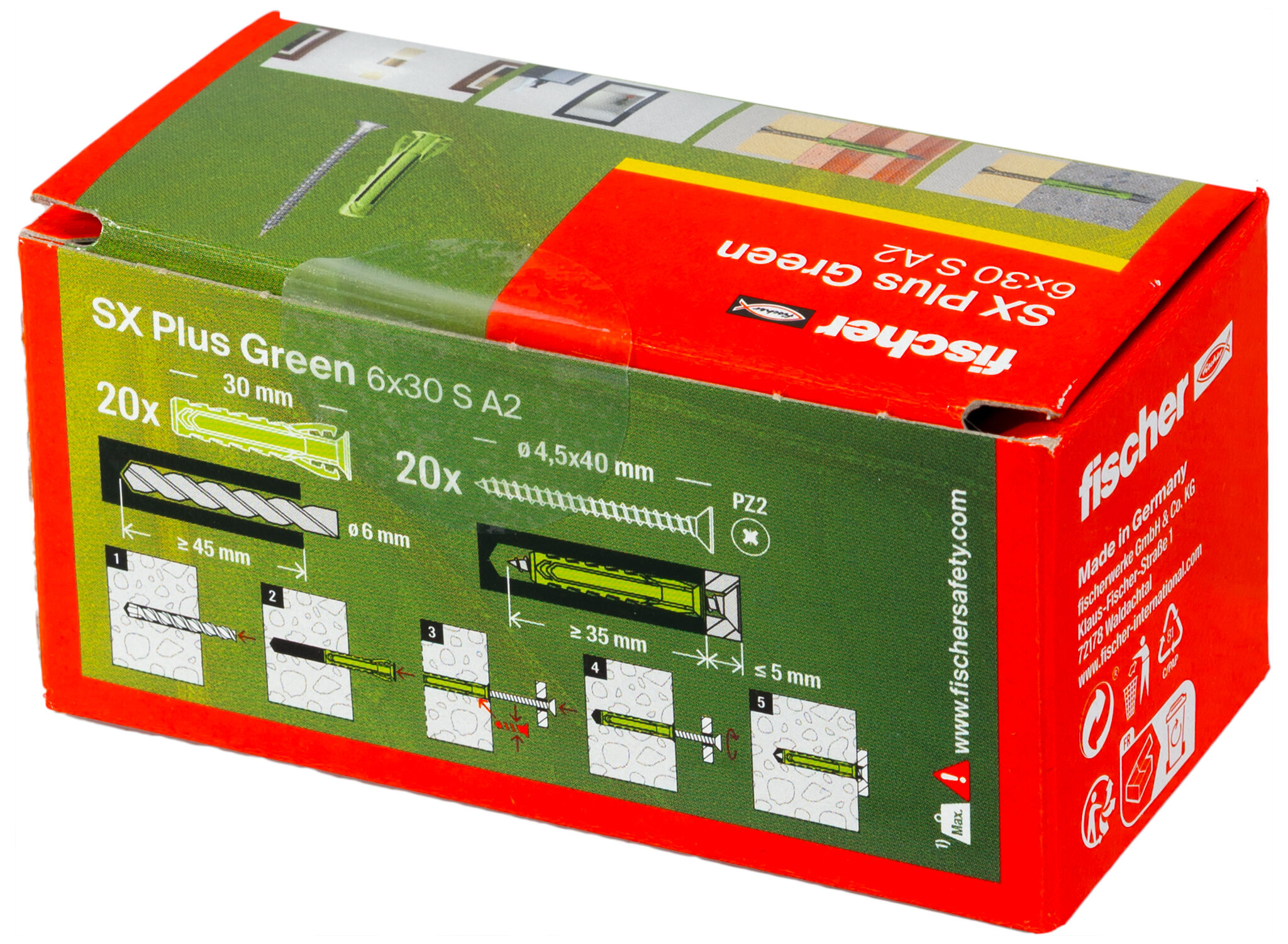 Verpackung: "fischer Spreizdübel SX Plus Green 6 x 30 S mit Edelstahlschraube A2"