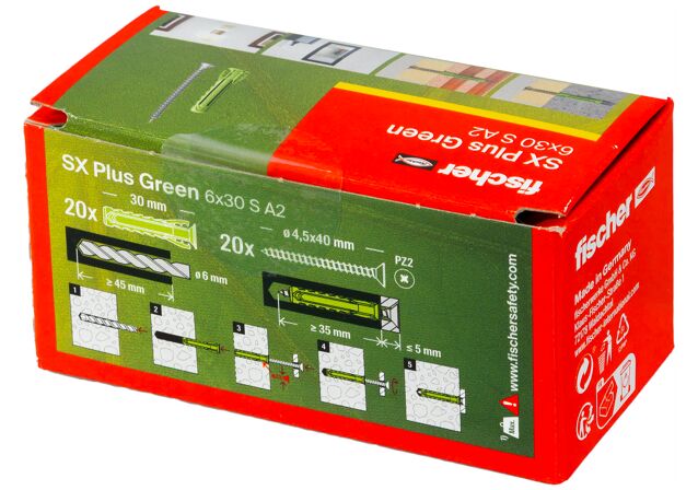 Verpackung: "fischer Spreizdübel SX Plus Green 6 x 30 S mit Edelstahlschraube A2"