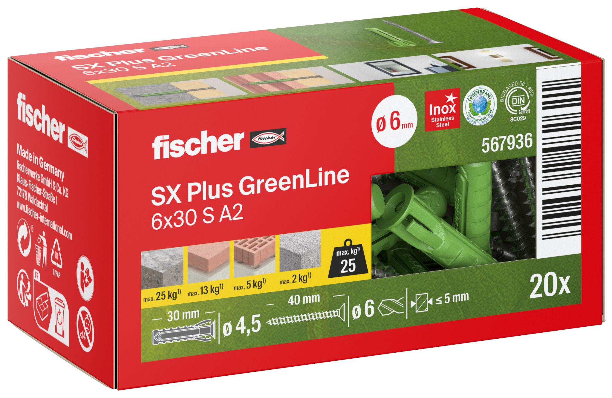 Packaging: "fischer expansion plug SX Plus GreenLine 6 x 30 S with stainless steel screw A2"