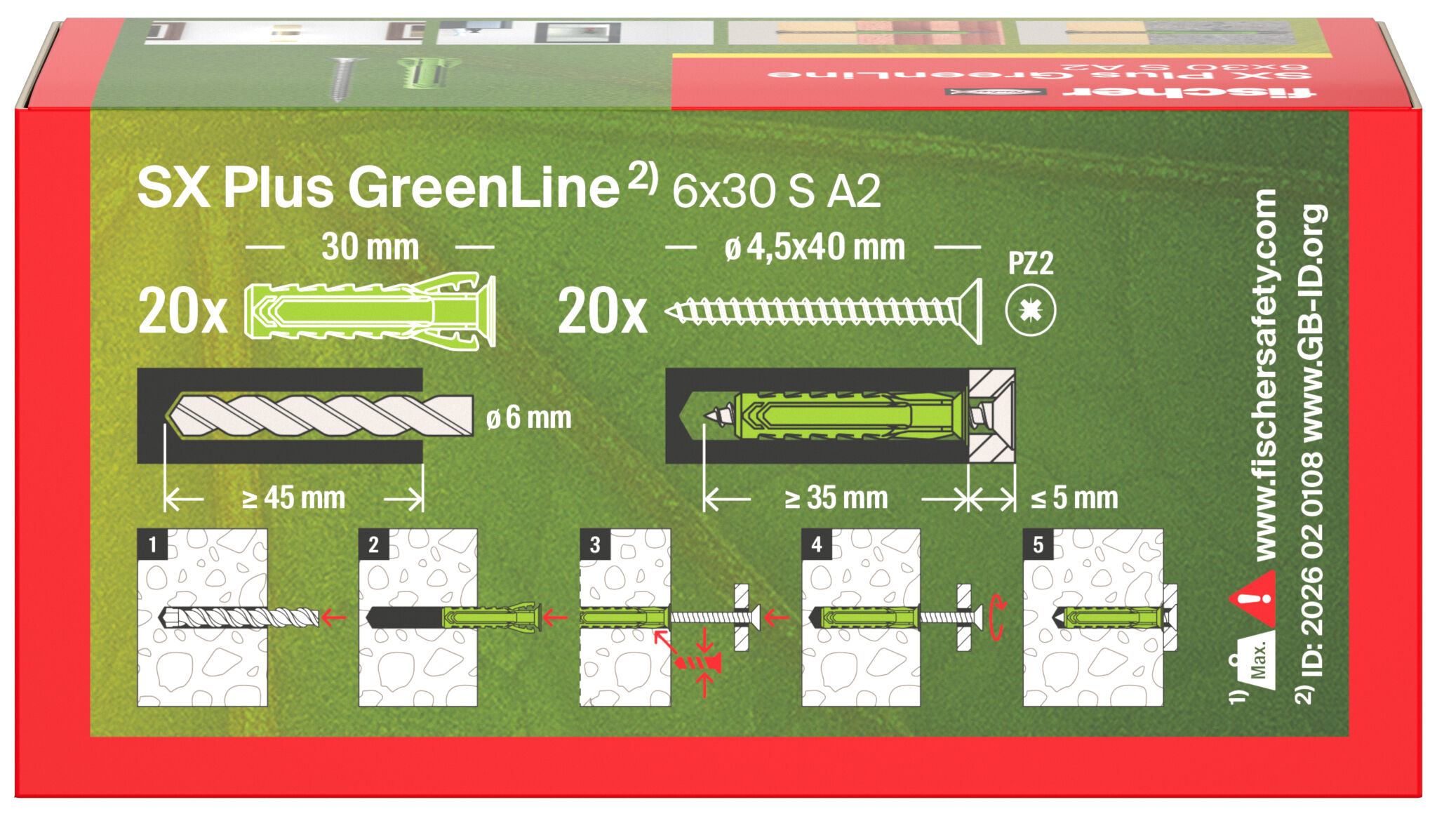 Packaging: "fischer expansion plug SX Plus GreenLine 6 x 30 S with stainless steel screw A2"