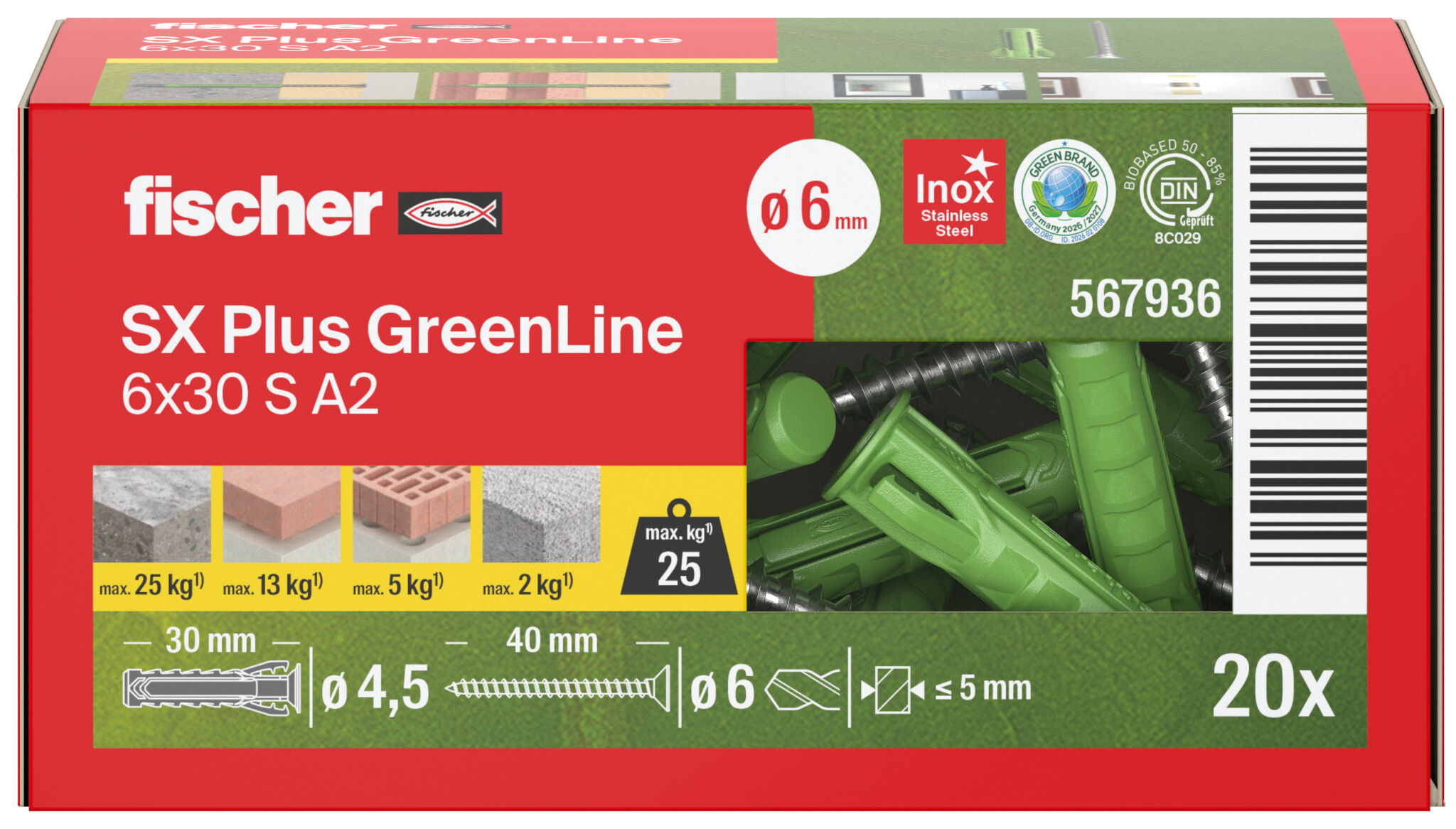 Packaging: "fischer expansion plug SX Plus GreenLine 6 x 30 S with stainless steel screw A2"