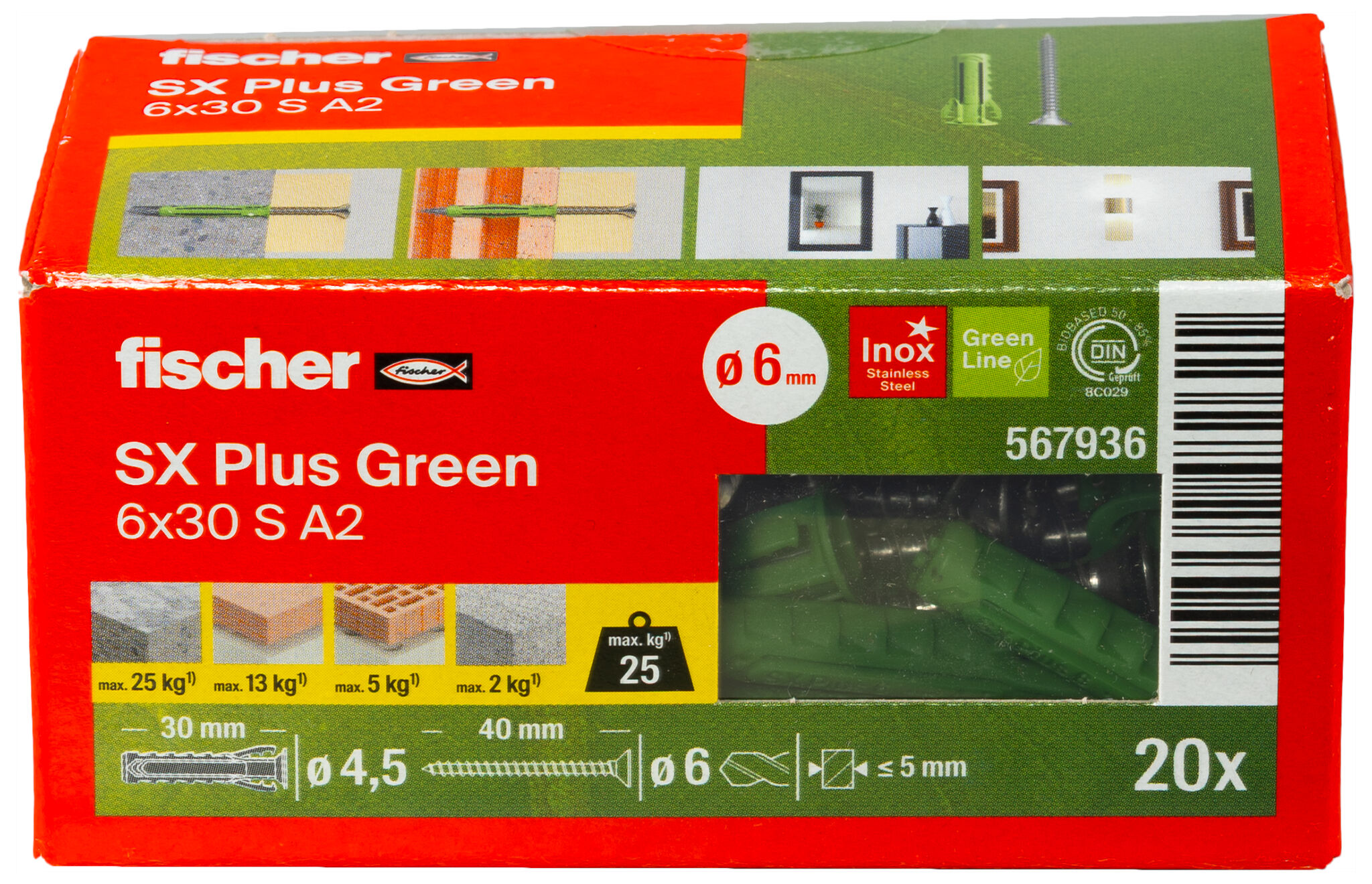 Verpackung: "fischer Spreizdübel SX Plus Green 6 x 30 S mit Edelstahlschraube A2"