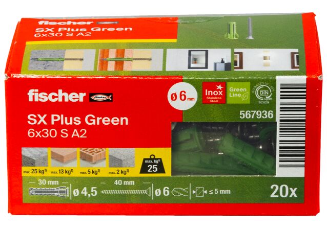 Verpackung: "fischer Spreizdübel SX Plus Green 6 x 30 S mit Edelstahlschraube A2"