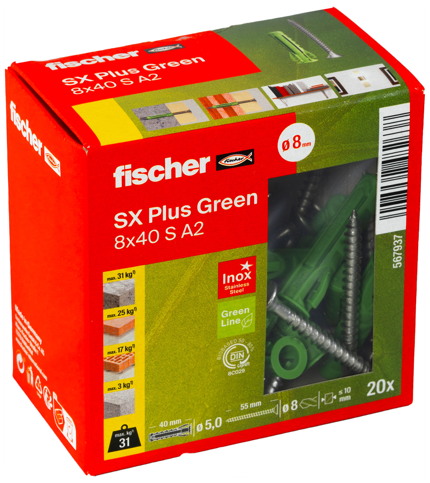 Packaging: "fischer Expansion plug SX Plus Green 8 x 40 S with stainless steel screw A2"