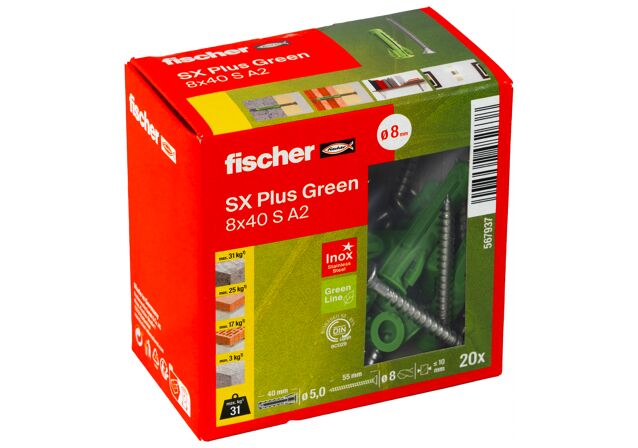 Verpackung: "fischer Spreizdübel SX Plus Green 8 x 40 S mit Edelstahlschraube A2"