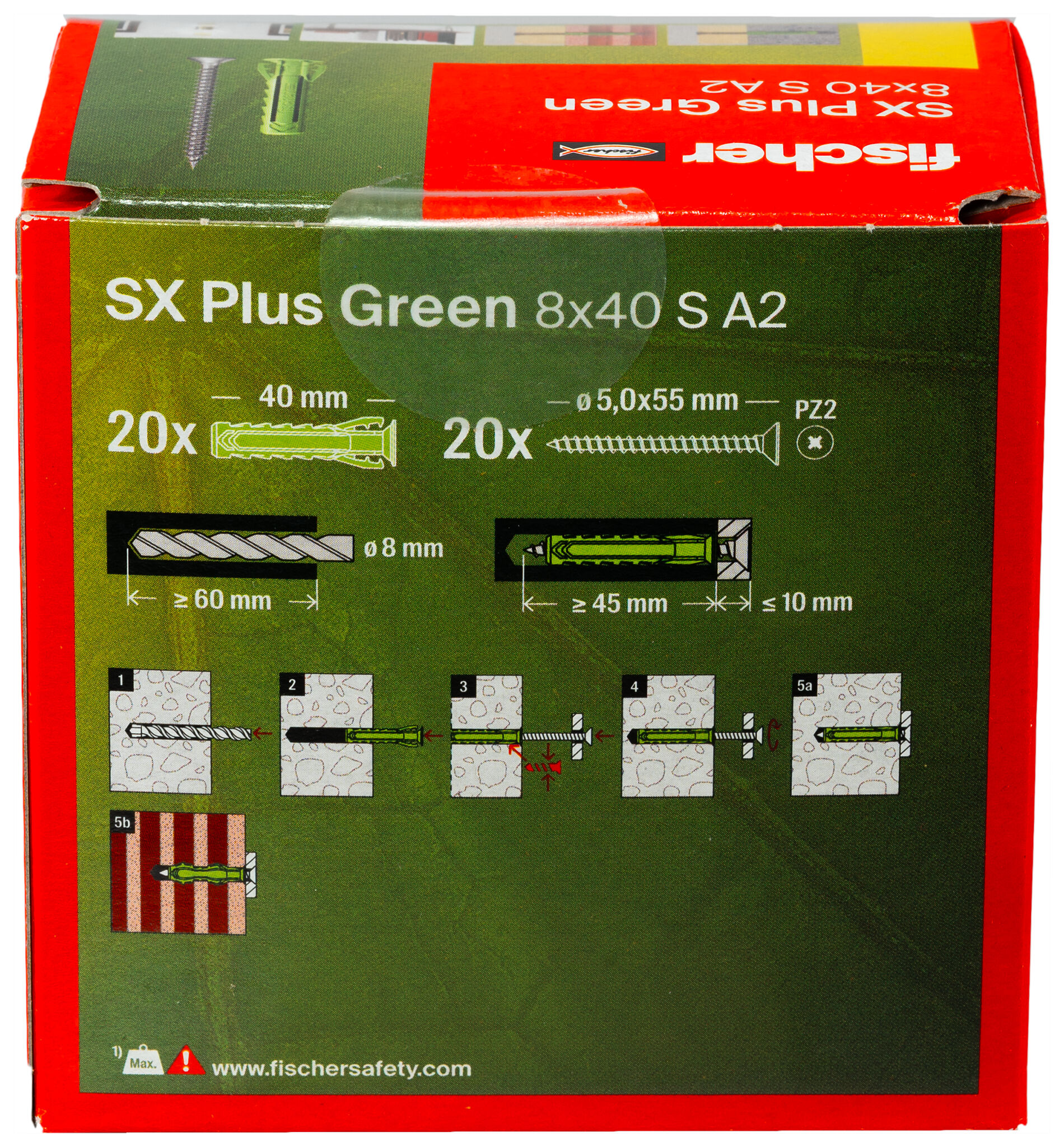 Packaging: "fischer Expansion plug SX Plus Green 8 x 40 S with stainless steel screw A2"