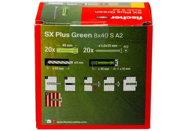 Verpackung: "fischer Spreizdübel SX Plus Green 8 x 40 S mit Edelstahlschraube A2"