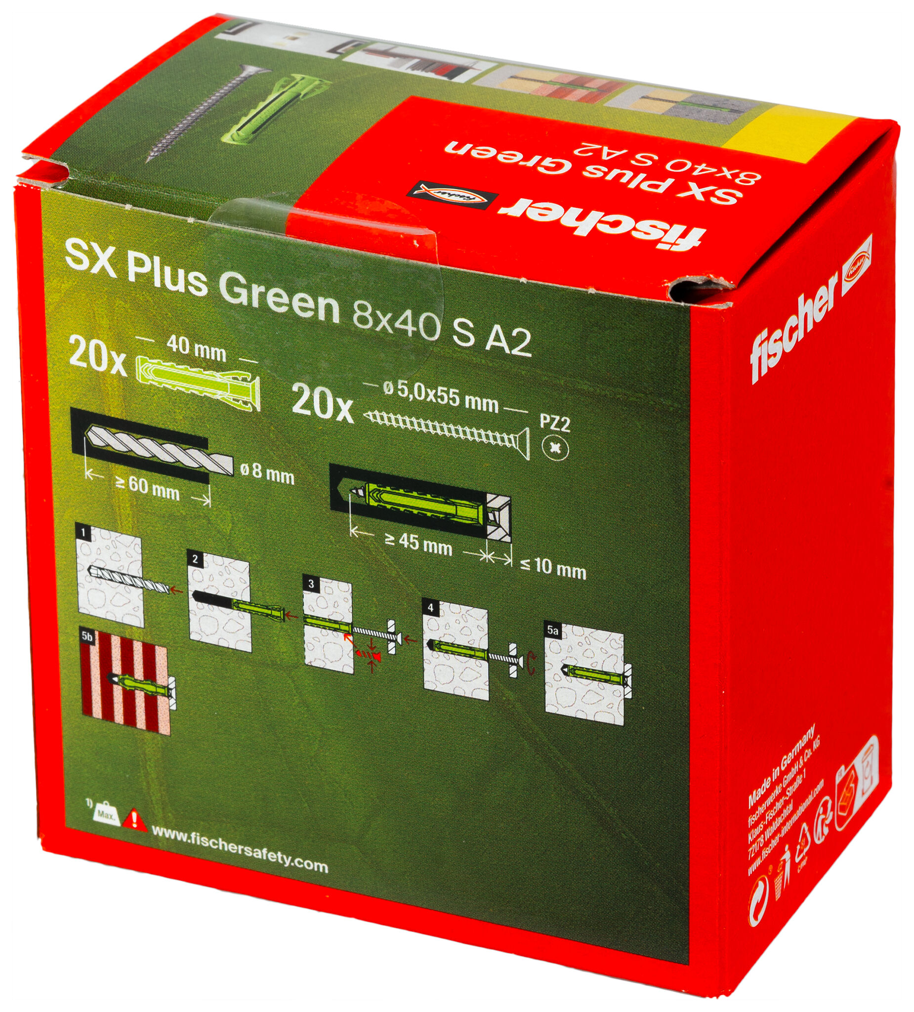 Packaging: "fischer Expansion plug SX Plus Green 8 x 40 S with stainless steel screw A2"