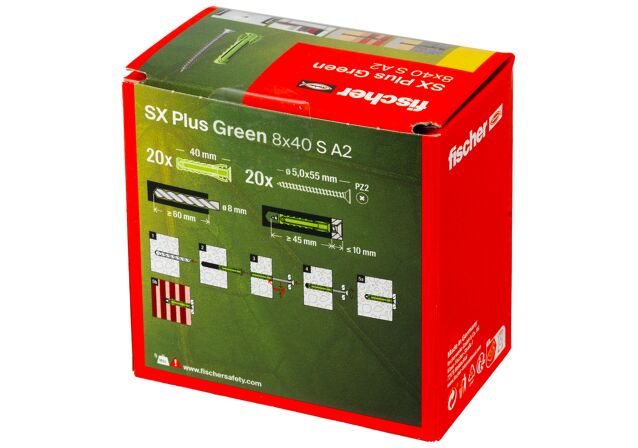Verpackung: "fischer Spreizdübel SX Plus Green 8 x 40 S mit Edelstahlschraube A2"