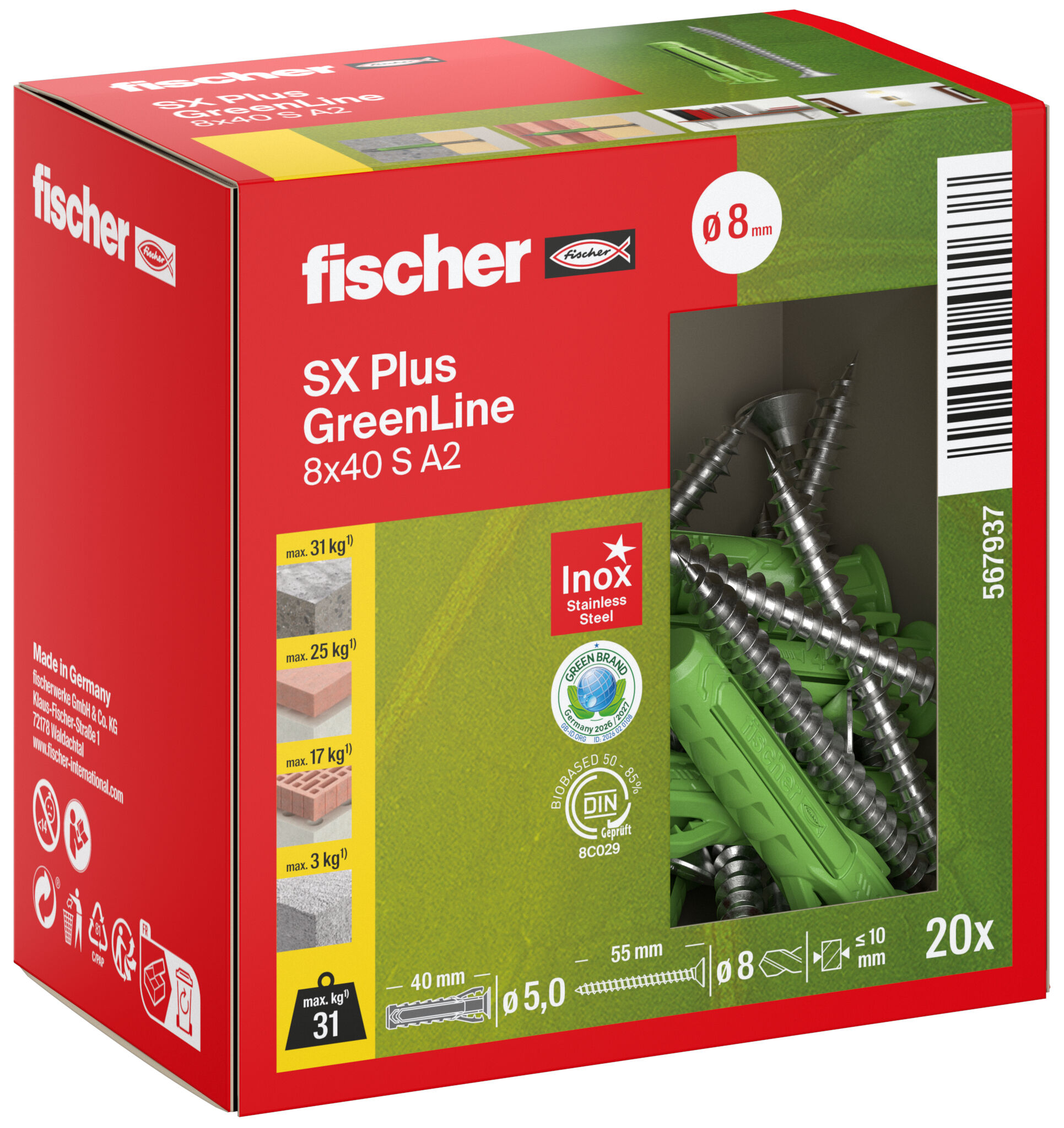 Packaging: "fischer expansion plug SX Plus GreenLine 8 x 40 S with stainless steel screw A2"