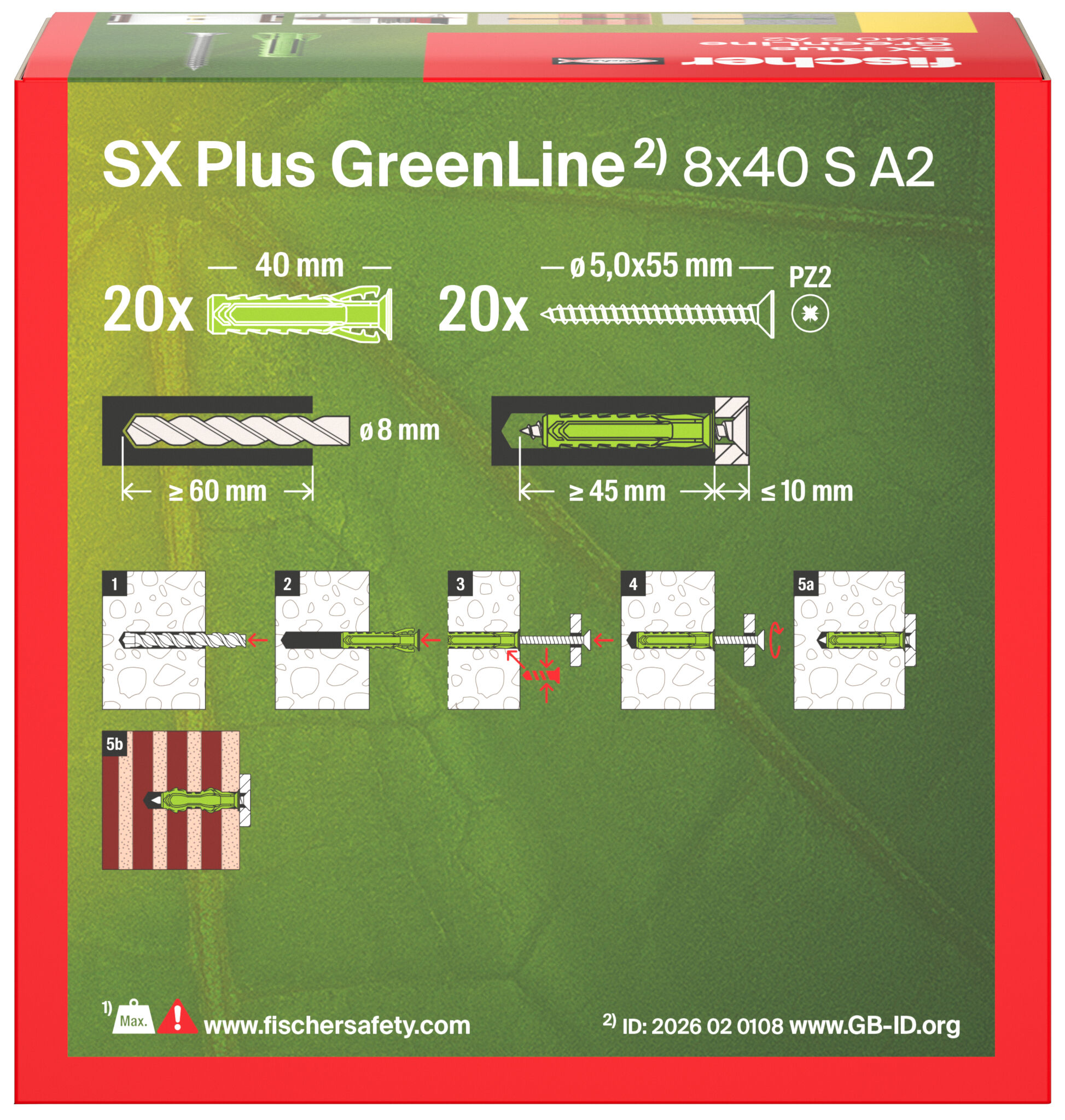 Packaging: "fischer expansion plug SX Plus GreenLine 8 x 40 S with stainless steel screw A2"