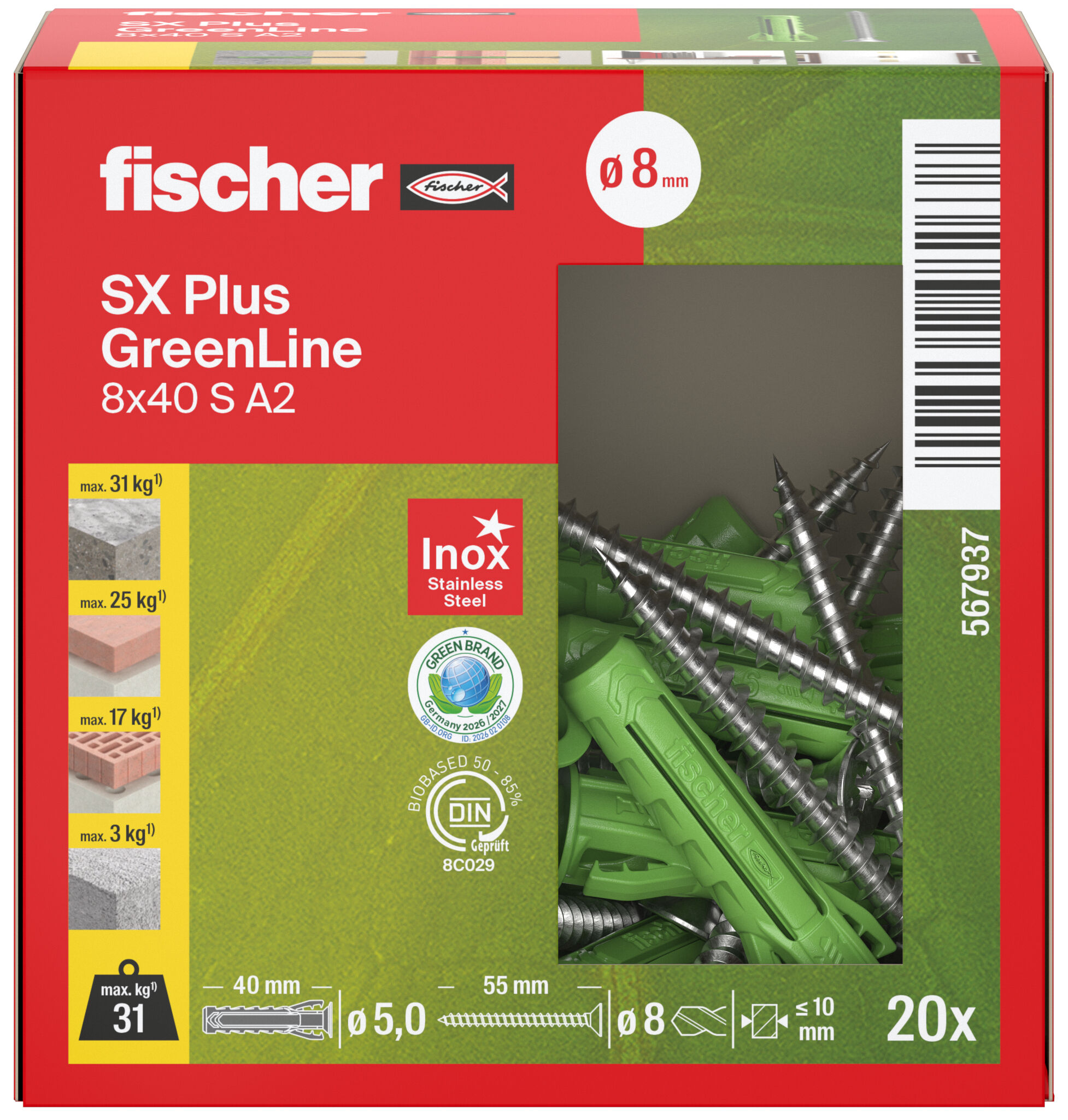 Packaging: "fischer expansion plug SX Plus GreenLine 8 x 40 S with stainless steel screw A2"