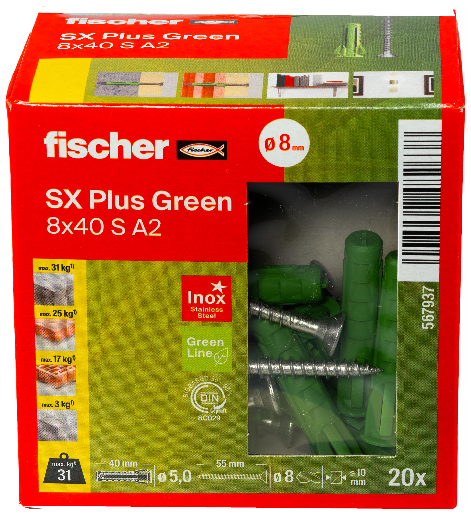 Packaging: "fischer Expansion plug SX Plus Green 8 x 40 S with stainless steel screw A2"