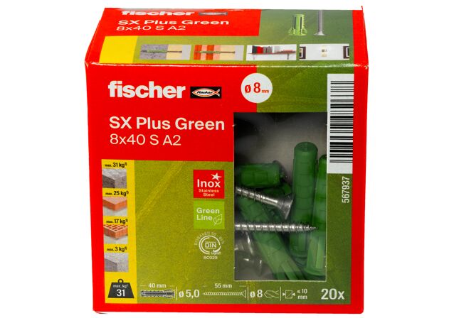 Verpackung: "fischer Spreizdübel SX Plus Green 8 x 40 S mit Edelstahlschraube A2"