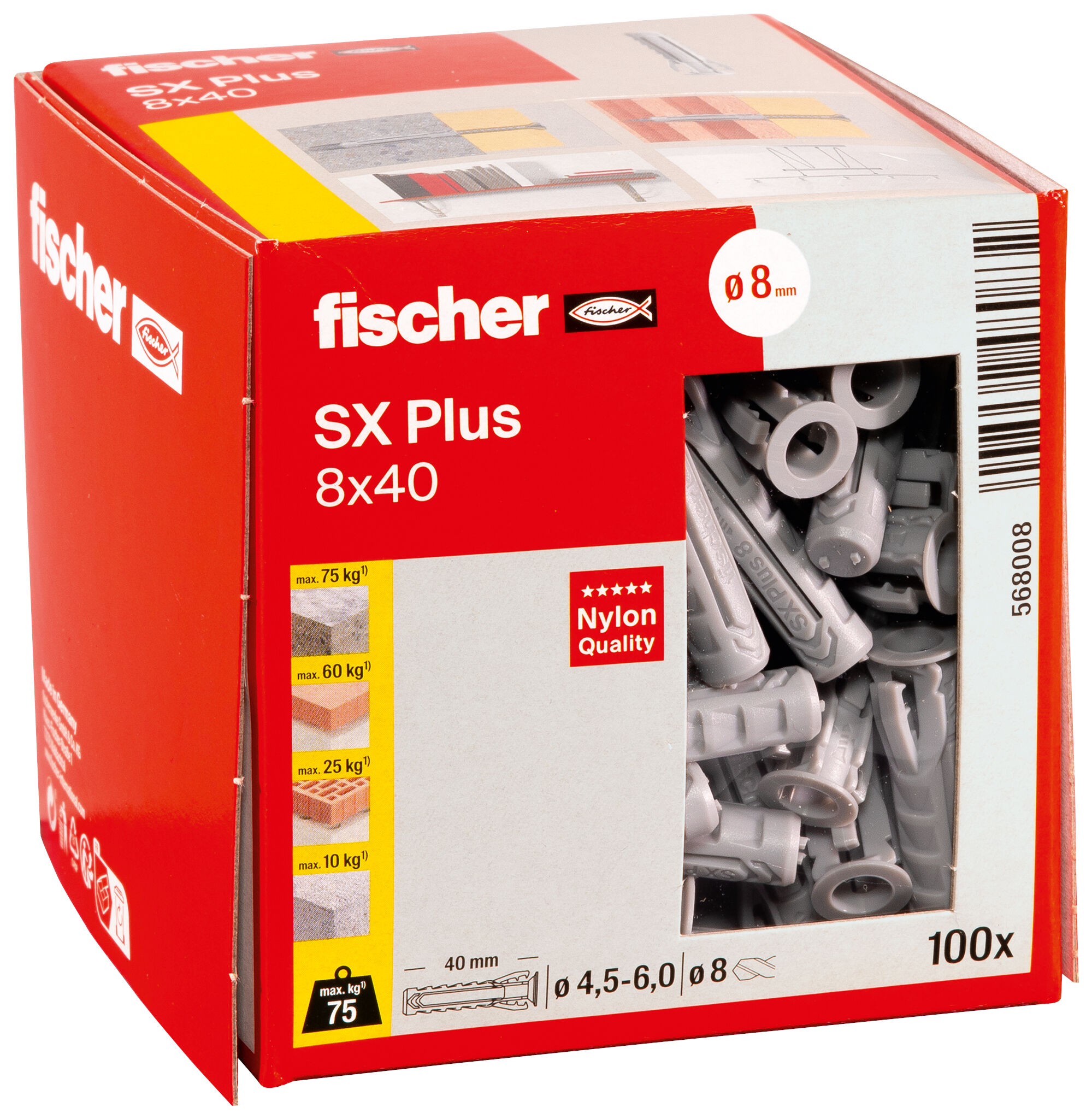 Packaging: "fischer Nailontulppa SX Plus 8 x 40"
