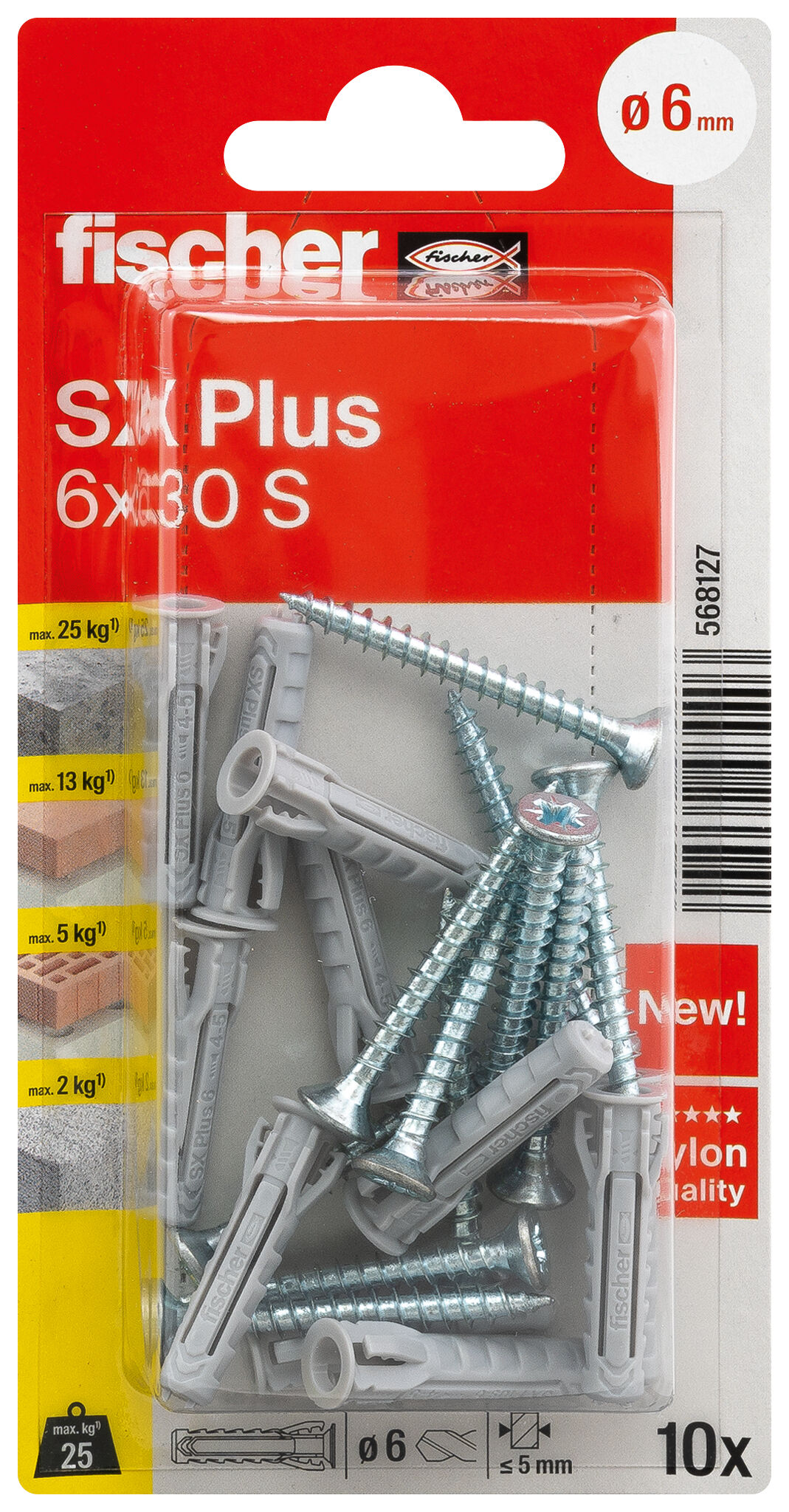 Packaging: "fischer Expansion plug SX Plus 6 x 30 S with screw"