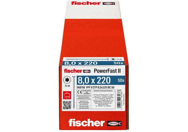 Verpackung: "fischer Holzbauschraube PowerFast FPF II CTP 8,0 x 220 BC 50, Senkkopf, TX Antrieb, Teilgewinde, blau passiviert, galvanisch verzinkt, 50 Stück"