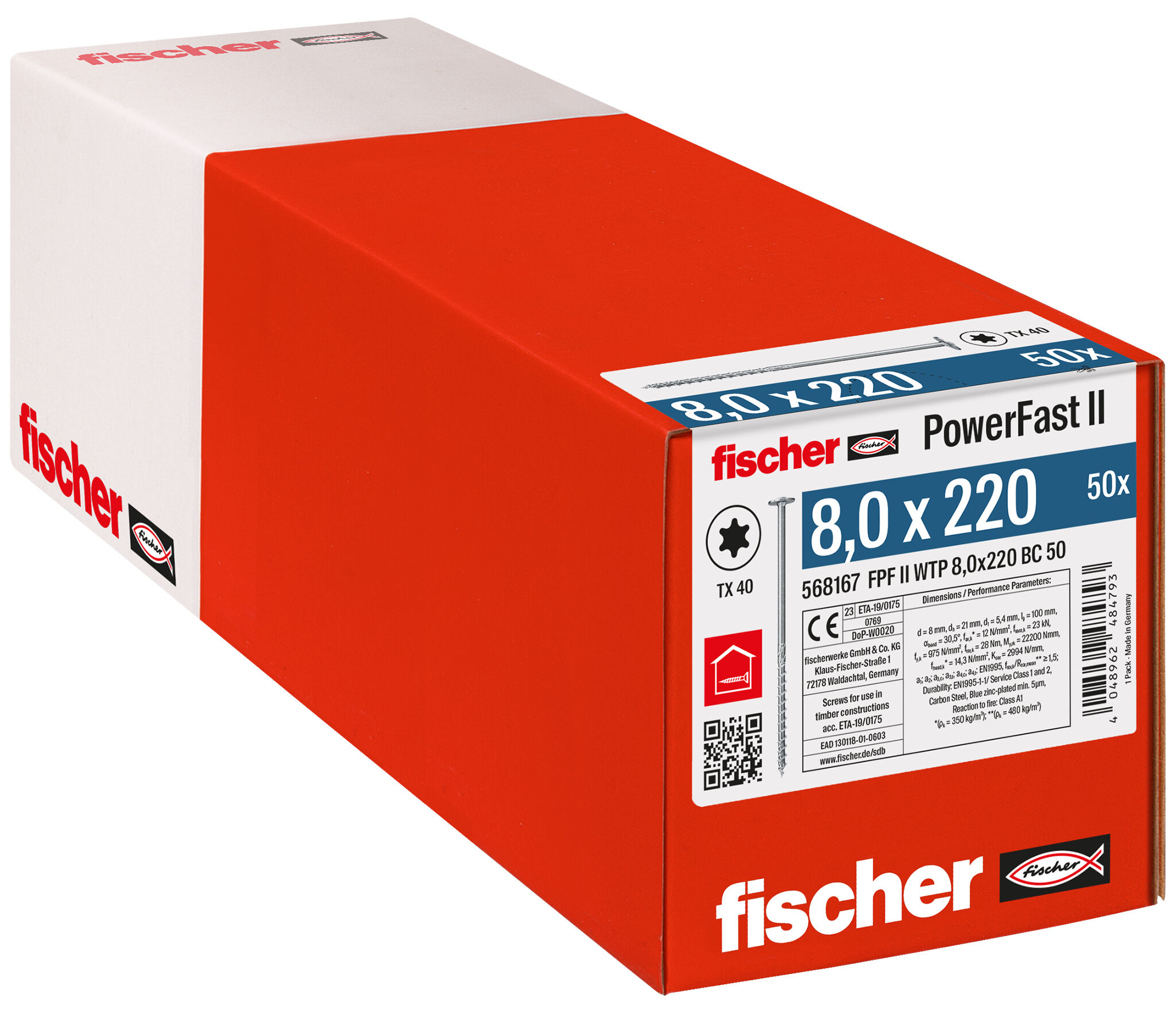 Verpackung: "fischer PowerFast FPF II WTP 8,0 x 220 BC 50 Tellerkopf mit Innenstern TX Teilgewinde galvanisch verzinkt blau passiviert"