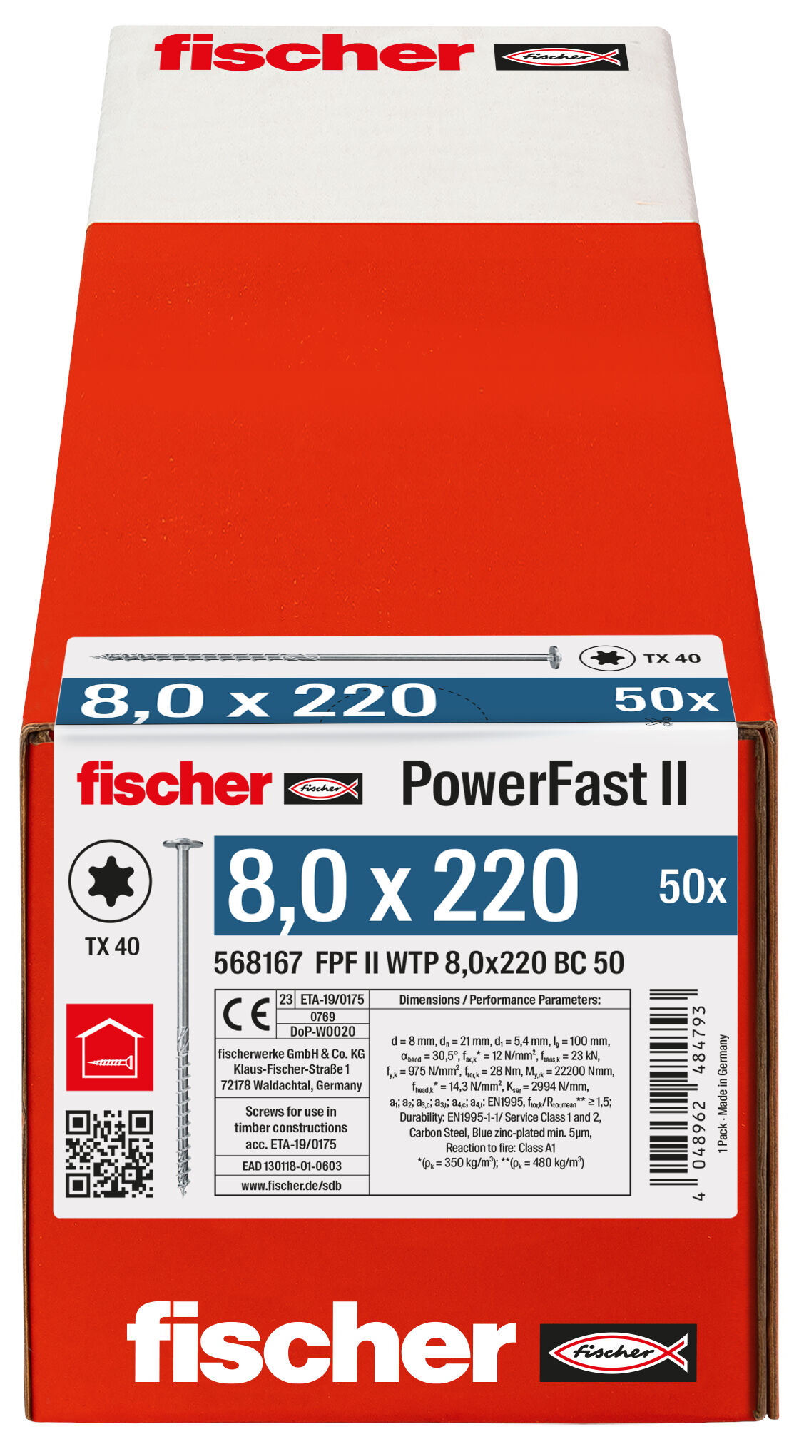 Verpackung: "fischer PowerFast FPF II WTP 8,0 x 220 BC 50 Tellerkopf mit Innenstern TX Teilgewinde galvanisch verzinkt blau passiviert"