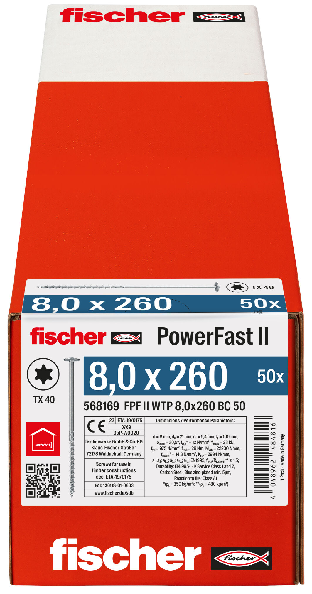 Packaging: "fischer PowerFast FPF II WTP 8.0 x 260 BC 50 flange head TX star recess partial thread blue zinc plated"