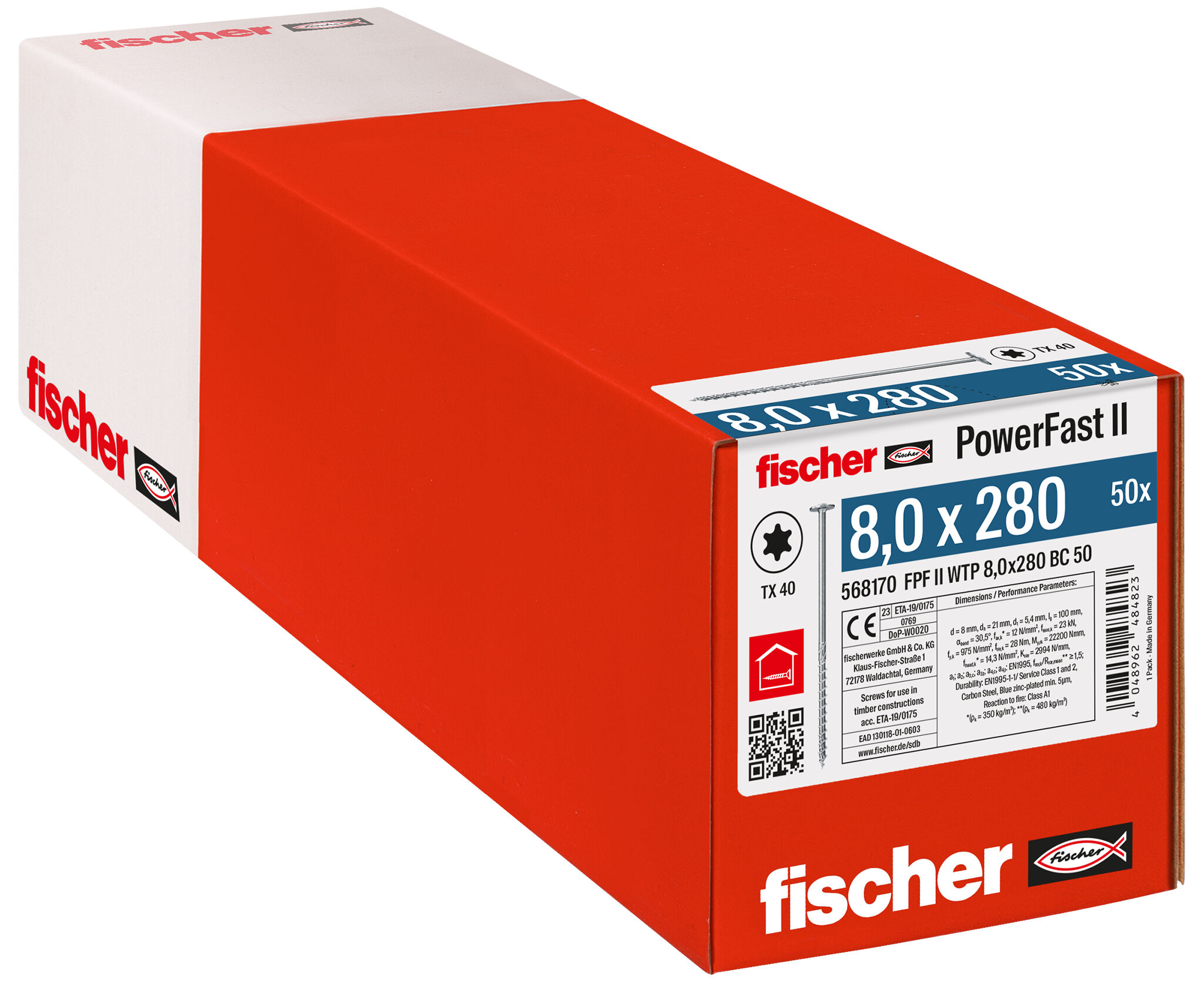 Verpackung: "fischer PowerFast FPF II WTP 8,0 x 280 BC 50 Tellerkopf mit Innenstern TX Teilgewinde galvanisch verzinkt blau passiviert"