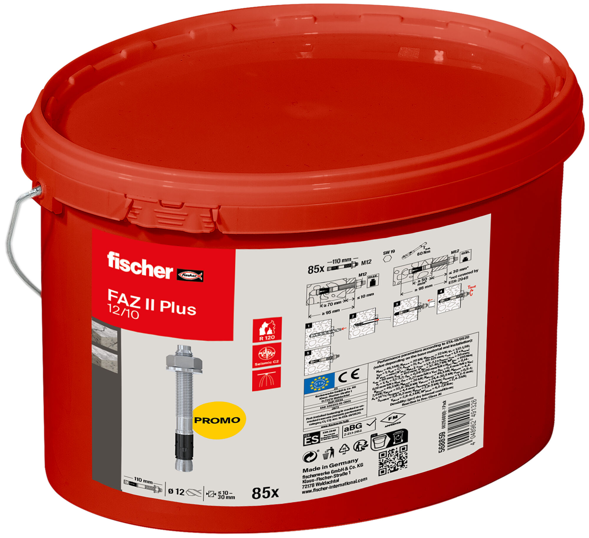 Packaging: "내진 인증 스터드 앵커 FAZ II Plus 12/10 버켓 포장"