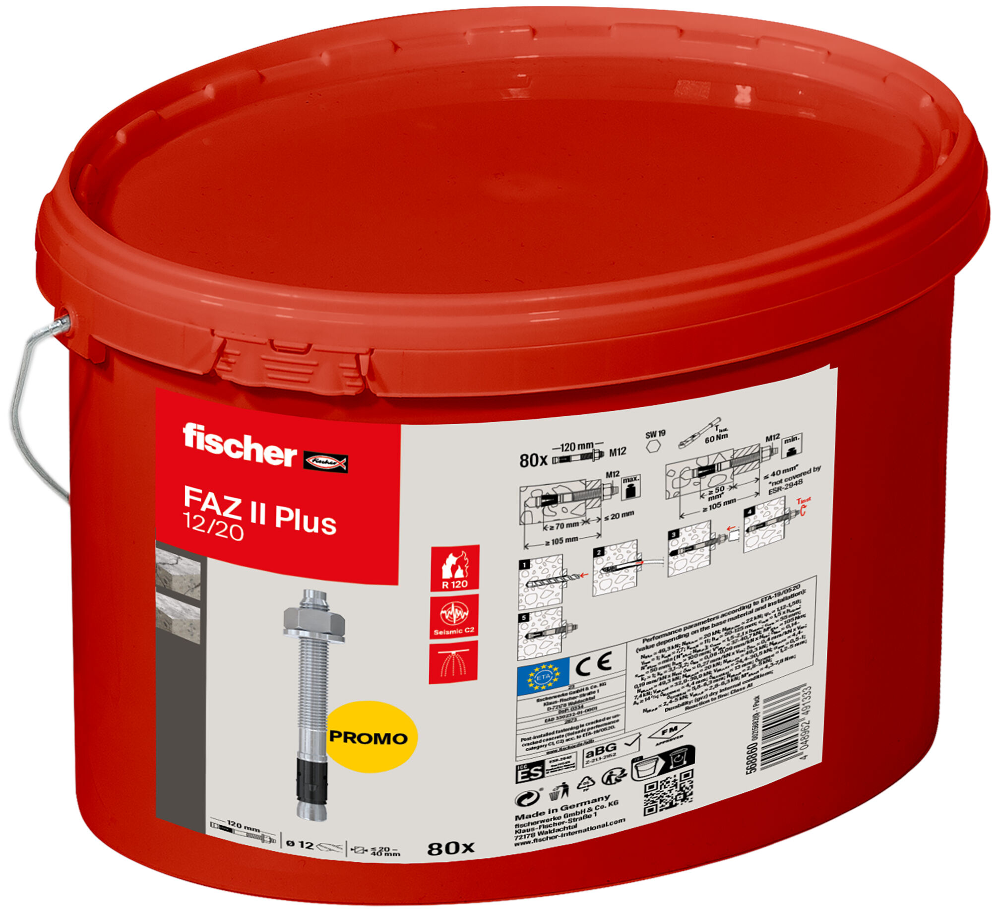 Packaging: "내진 인증 스터드 앵커 FAZ II Plus 12/20 버켓 포장"