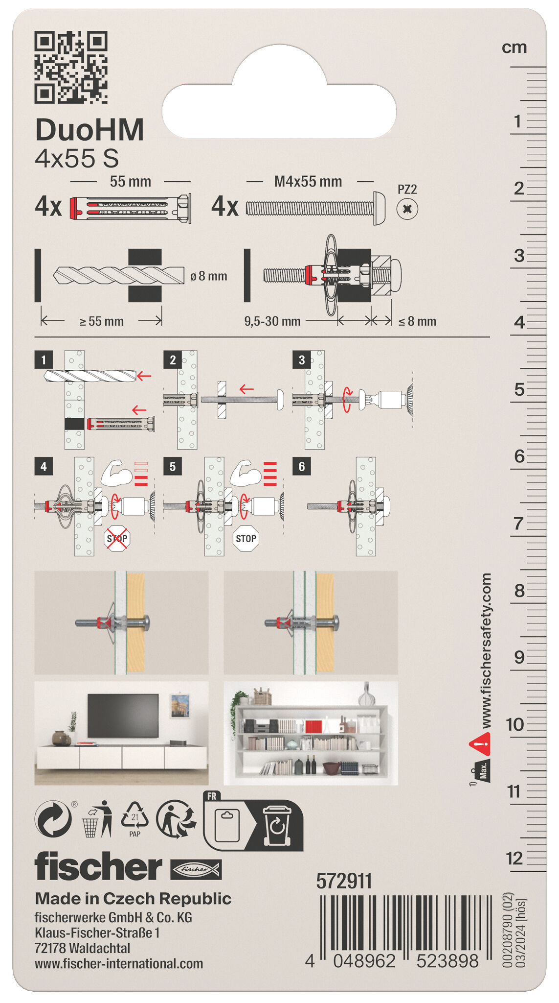 Packaging: "fischer cavity fixing DuoHM 4 x 55 S PH PZ, pan head screw, PZ-drive"