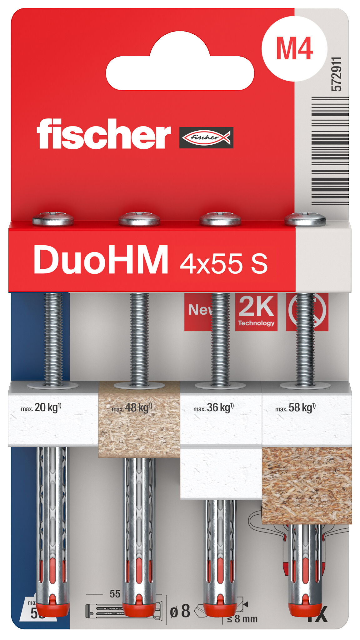Packaging: "fischer cavity fixing DuoHM 4 x 55 S PH PZ, pan head screw, PZ-drive"