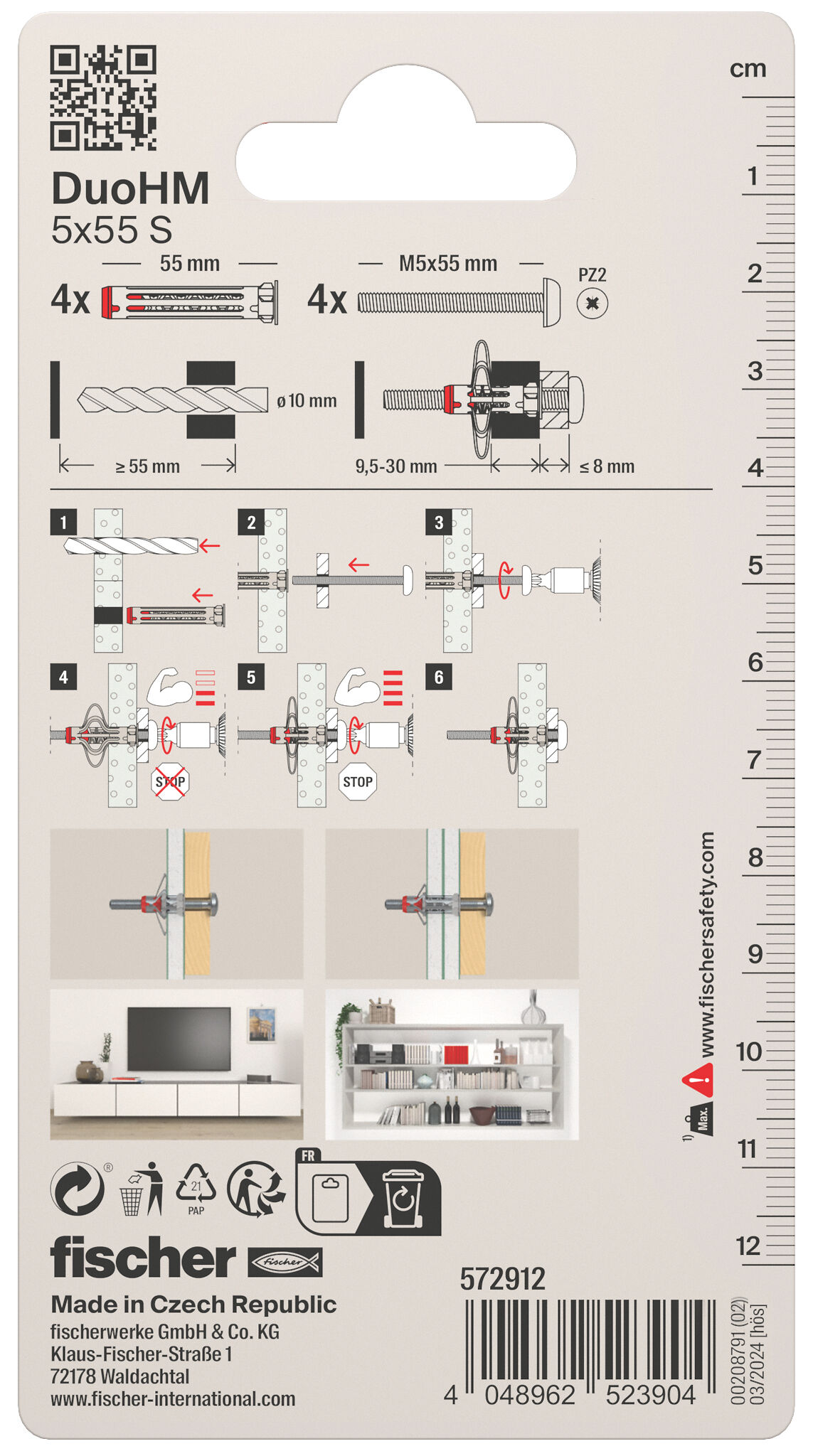 Packaging: "fischer cavity fixing DuoHM 5 x 55 S PH PZ, pan head screw, PZ-drive"